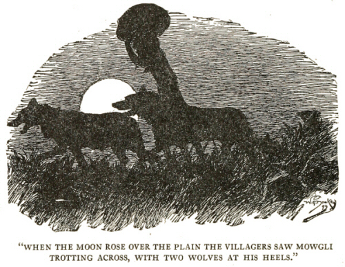 When the moon rose over the plain the villagers saw Mowgli trotting across, with two wolves at his heels.